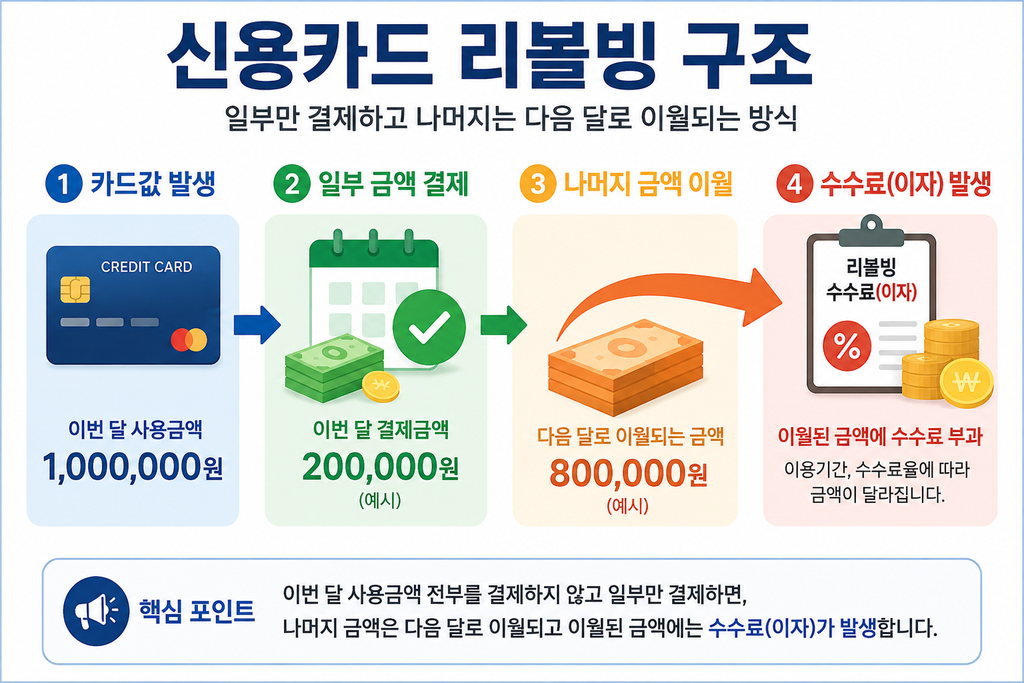 신용카드 리볼빙 일부 결제 후 나머지 금액이 이월되고 수수료가 발생하는 구조
