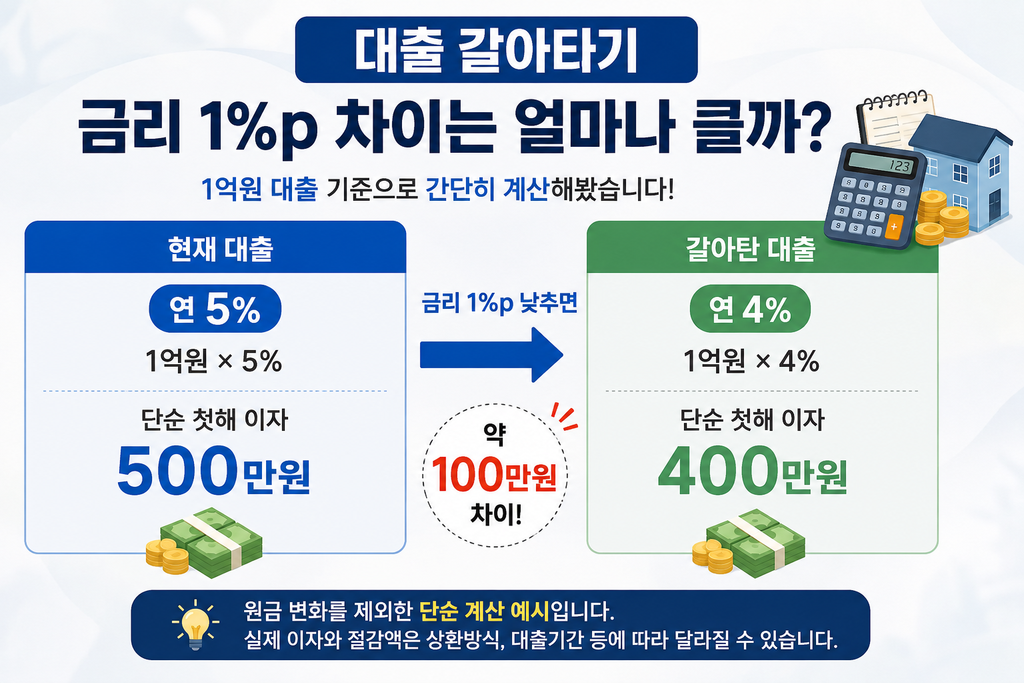1억원 대출 갈아타기 금리 1%포인트 이자 차이 계산