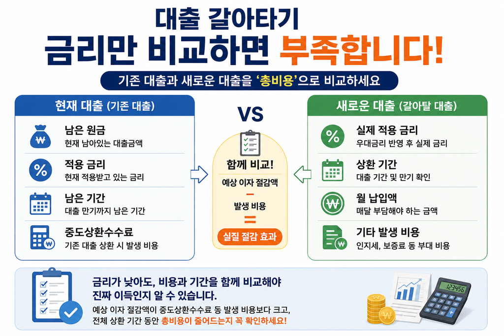대출 갈아타기 기존 대출과 신규 대출 총비용 비교