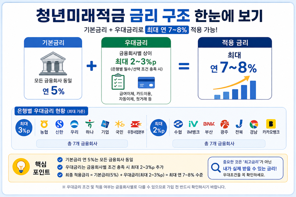 청년미래적금 기본금리 5%와 은행별 우대금리 적용 구조