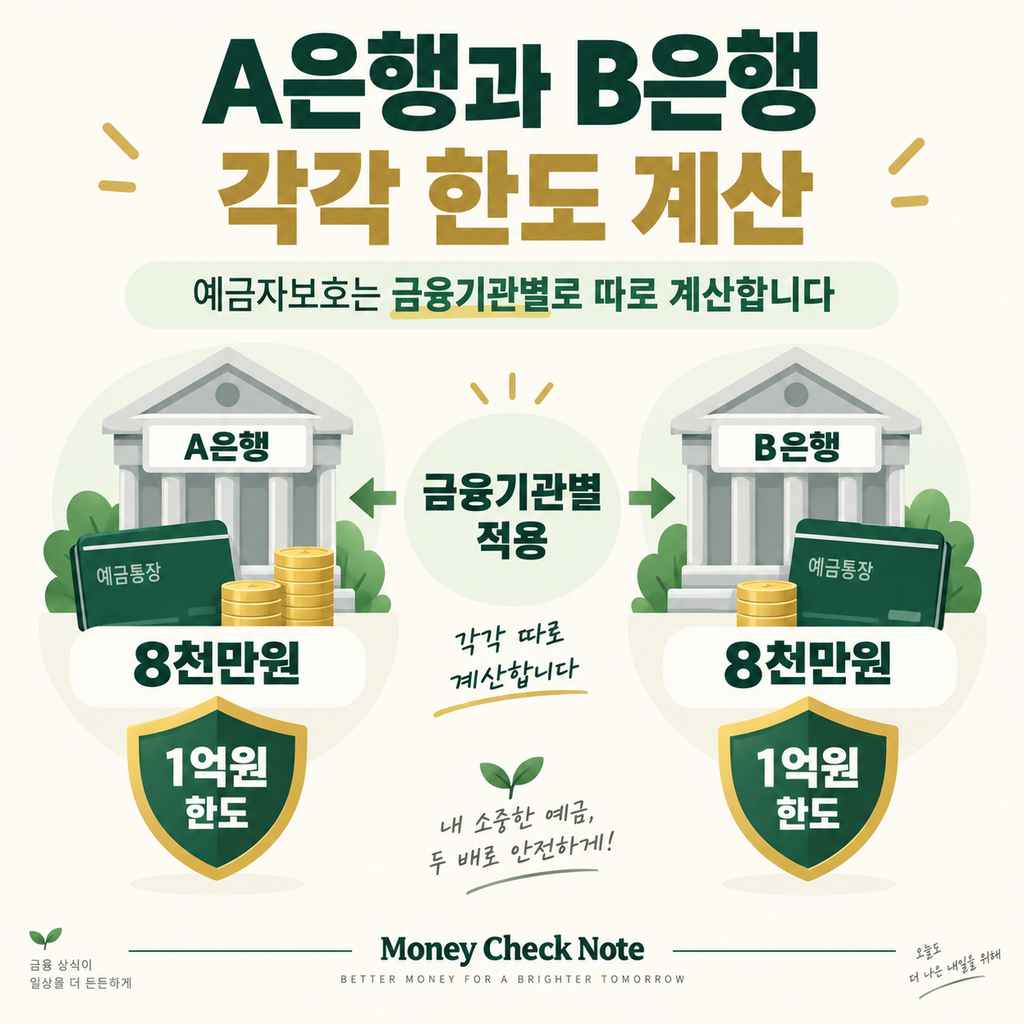 서로 다른 금융기관의 예금보호 한도를 각각 계산하는 은행 일러스트