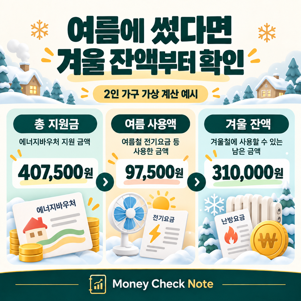 2인 가구 에너지바우처 407500원에서 여름 사용액 97500원을 뺀 잔액 310000원 계산 예시