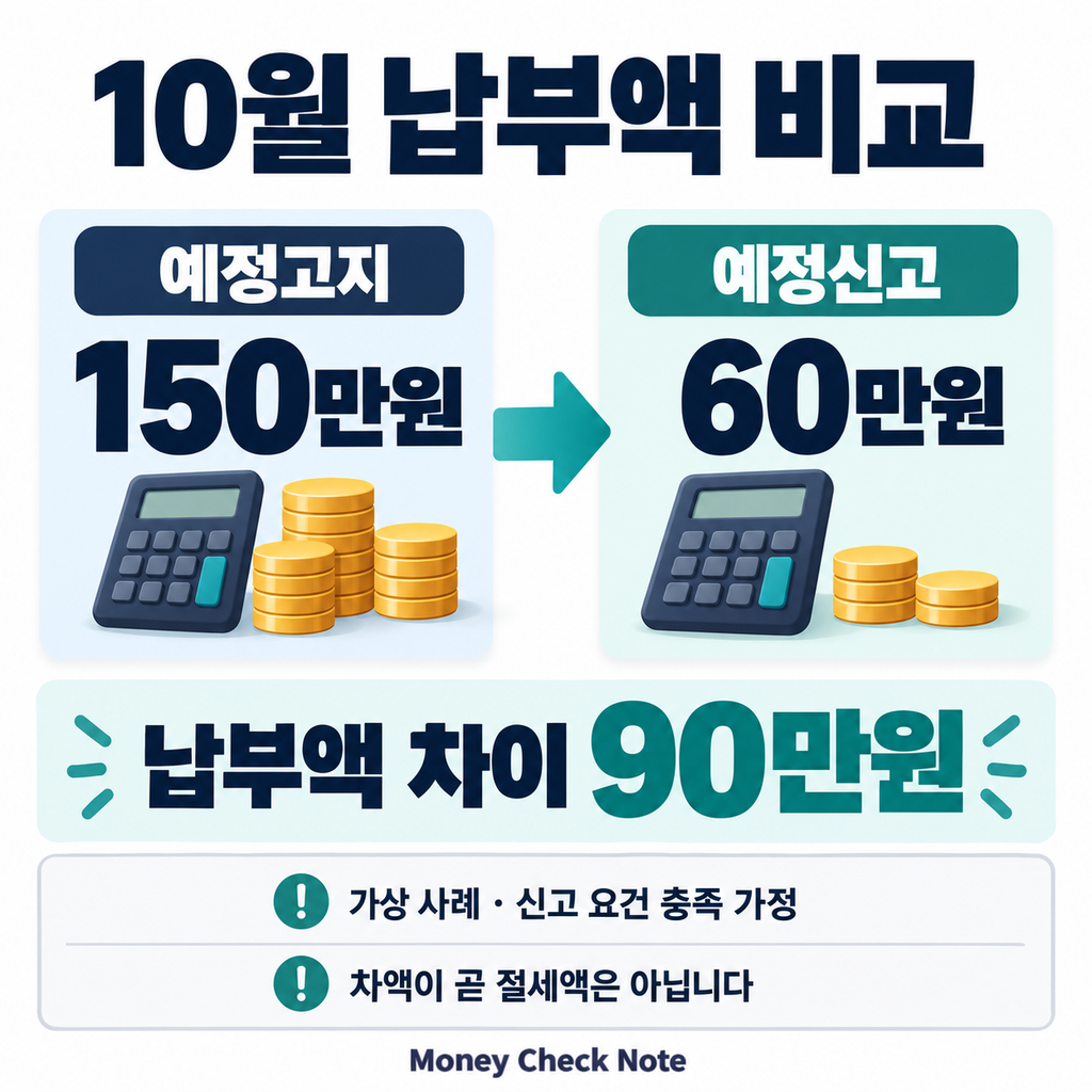 예정고지 150만원과 예정신고 60만원의 가상 납부액 비교