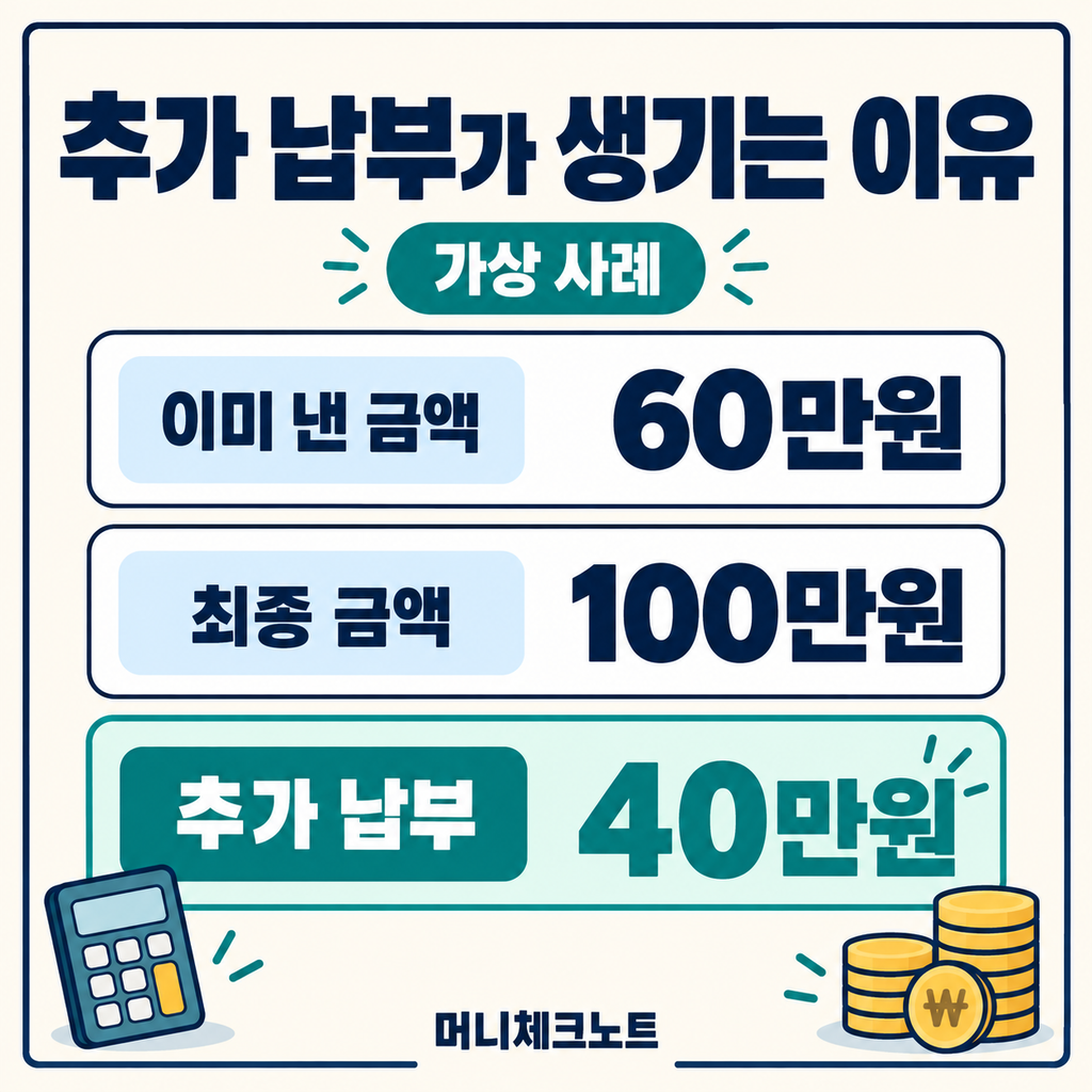 가상 사례에서 납부액 60만원과 확정 보험료 100만원의 차액 40만원 비교