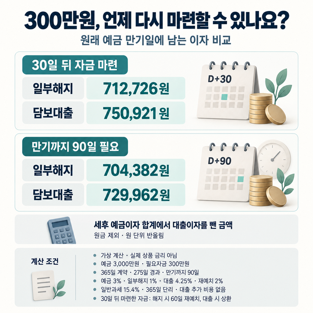 정기예금 300만원 일부해지와 예금담보대출 30일 90일 비용 비교