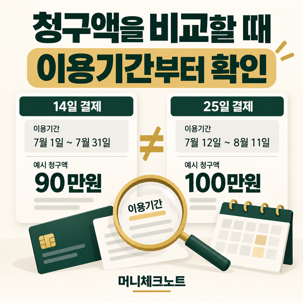 카드 청구액을 비교할 때 이용기간을 확인하도록 안내하는 달력과 청구서 일러스트