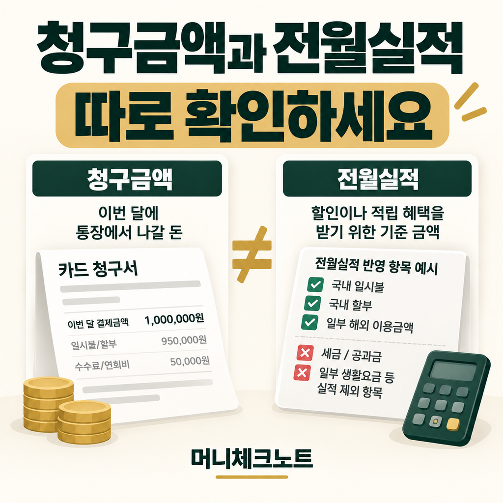 청구금액과 전월실적을 구분해 확인하도록 안내하는 청구서와 체크리스트 일러스트