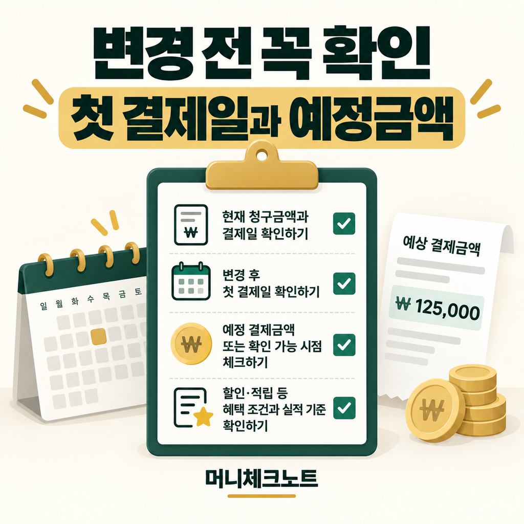 결제일 변경 전 첫 납부일과 결제예정금액을 확인하는 체크리스트 일러스트
