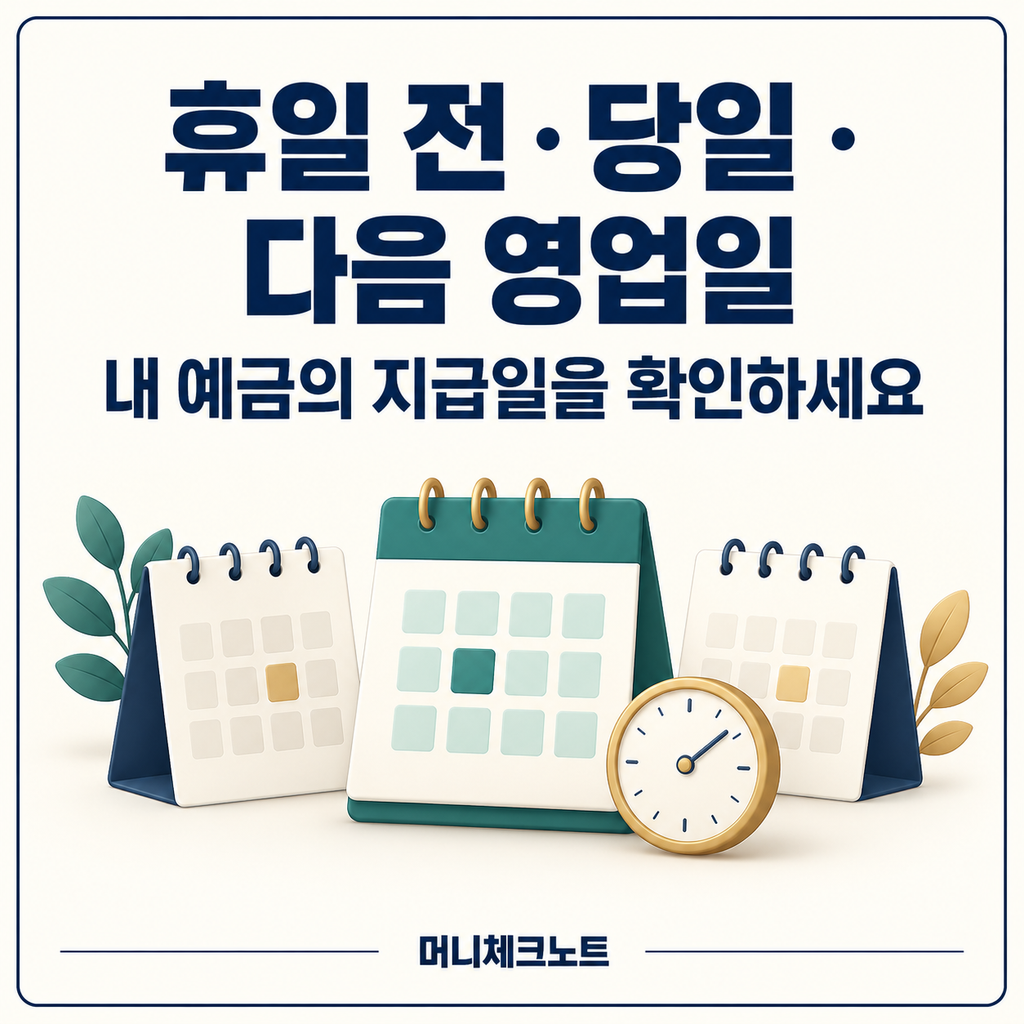 지급일을 확인하세요예금 만기 전 영업일과 휴일 당일 및 다음 영업일을 확인하는 달력