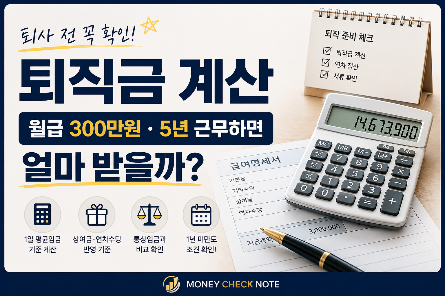 퇴직금 계산 월급 300만원 5년 근무 예상금액