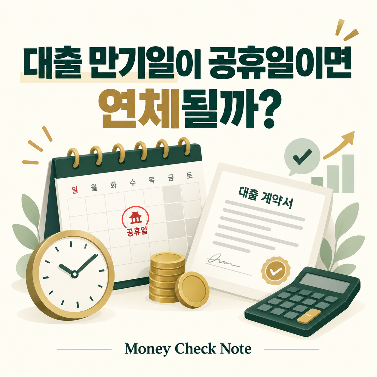 대출 만기일이 공휴일과 겹쳤을 때 상환일을 확인하는 달력과 대출 문서