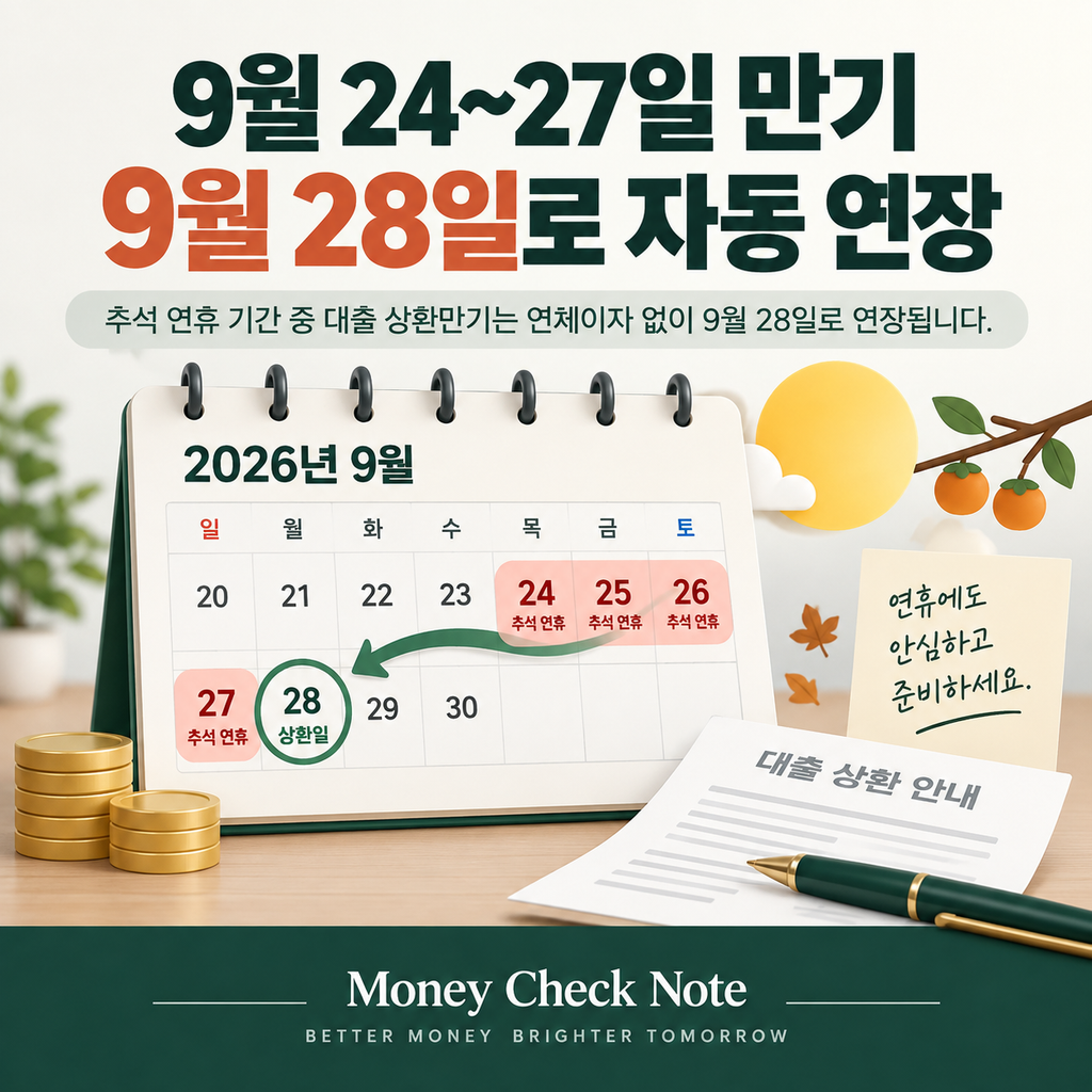2026년 추석 대출 만기일이 9월 28일로 자동 연장되는 일정 안내