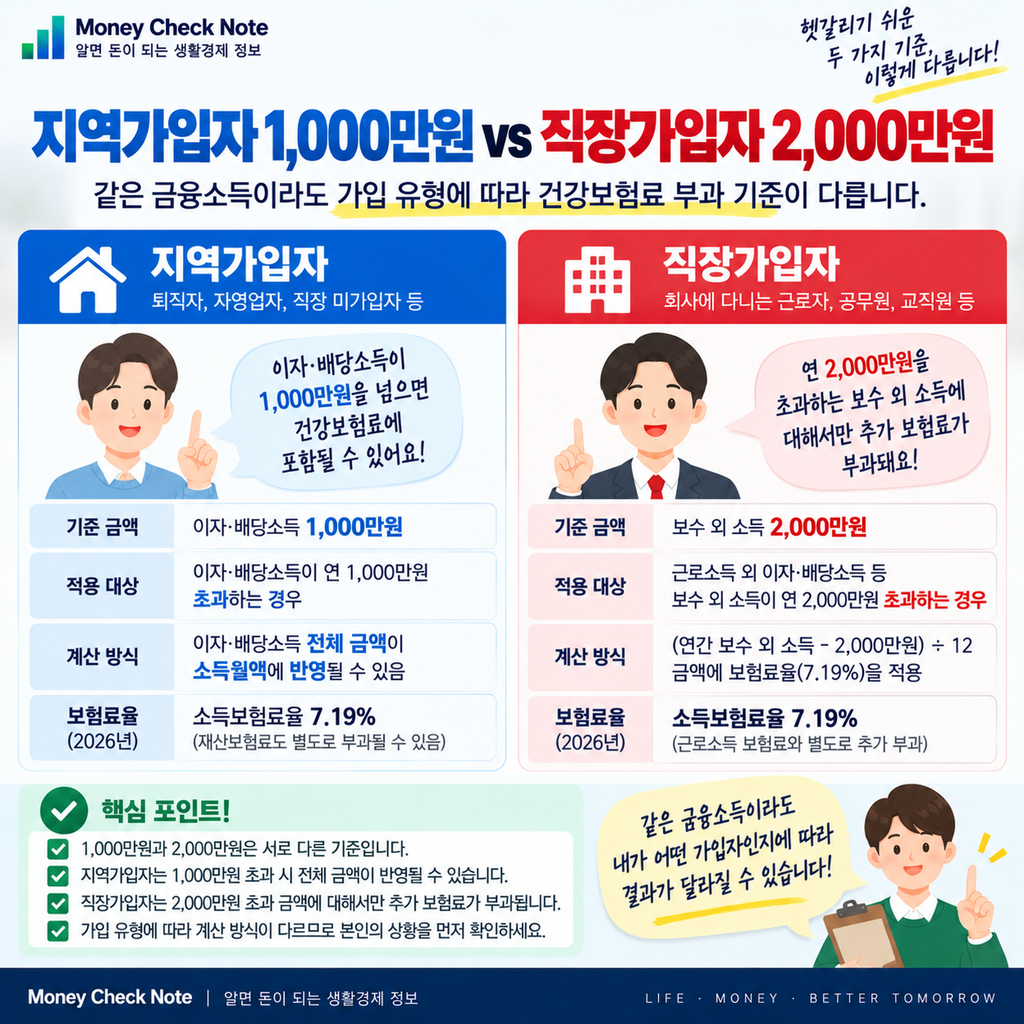 지역가입자 금융소득 1000만원 직장가입자 2000만원 비교