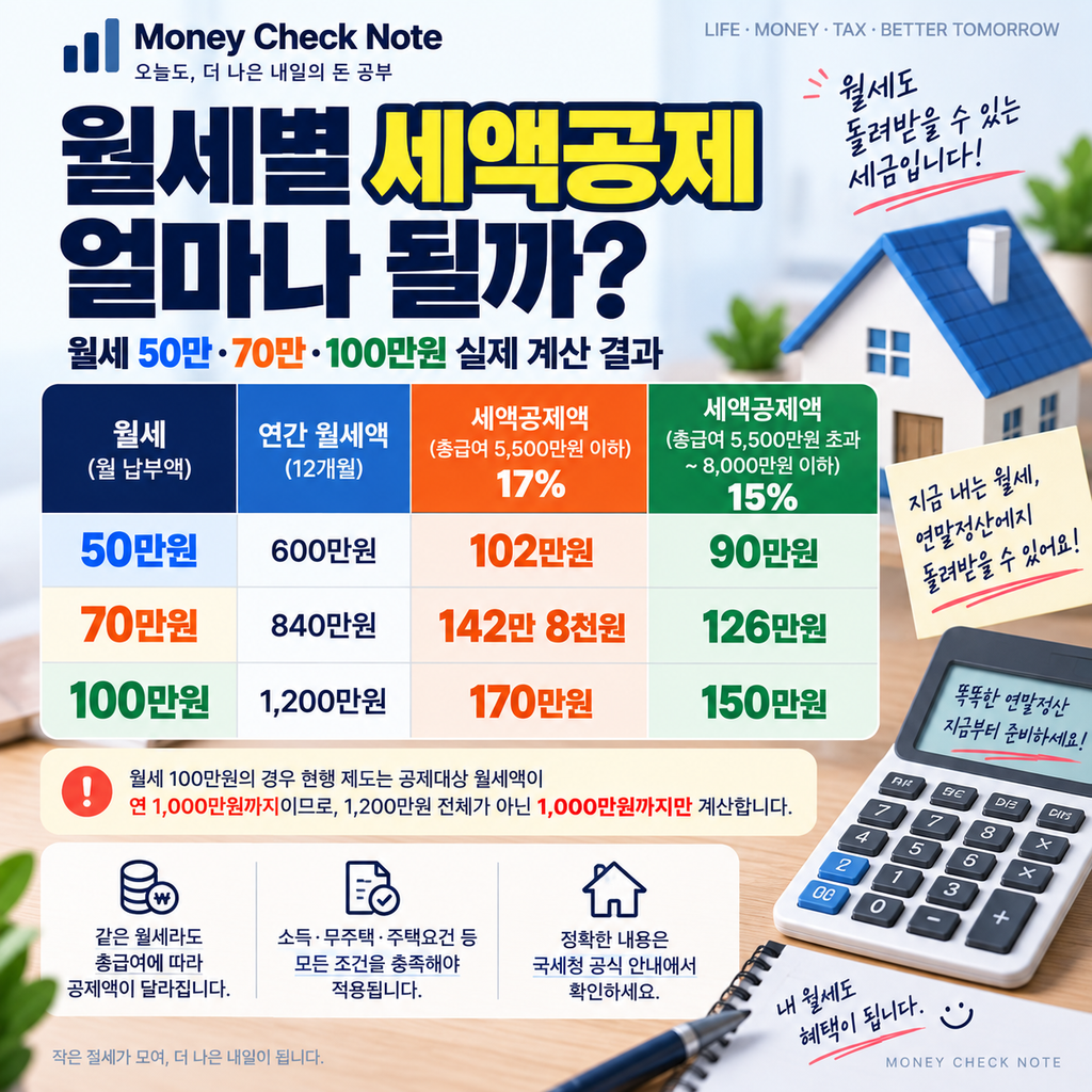 월세 50만원 70만원 100만원 세액공제 금액 비교