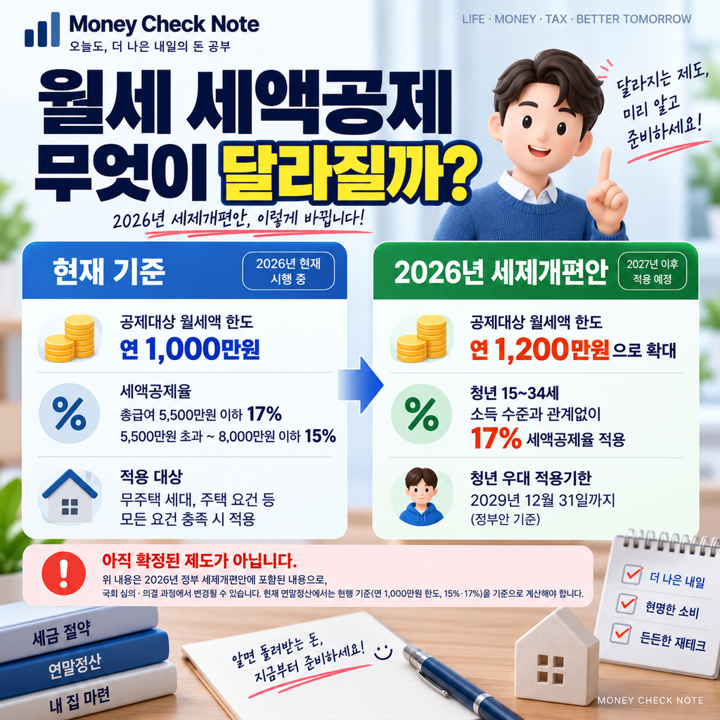 2026 세제개편안 월세 세액공제 1200만원 청년 17% 변경 내용