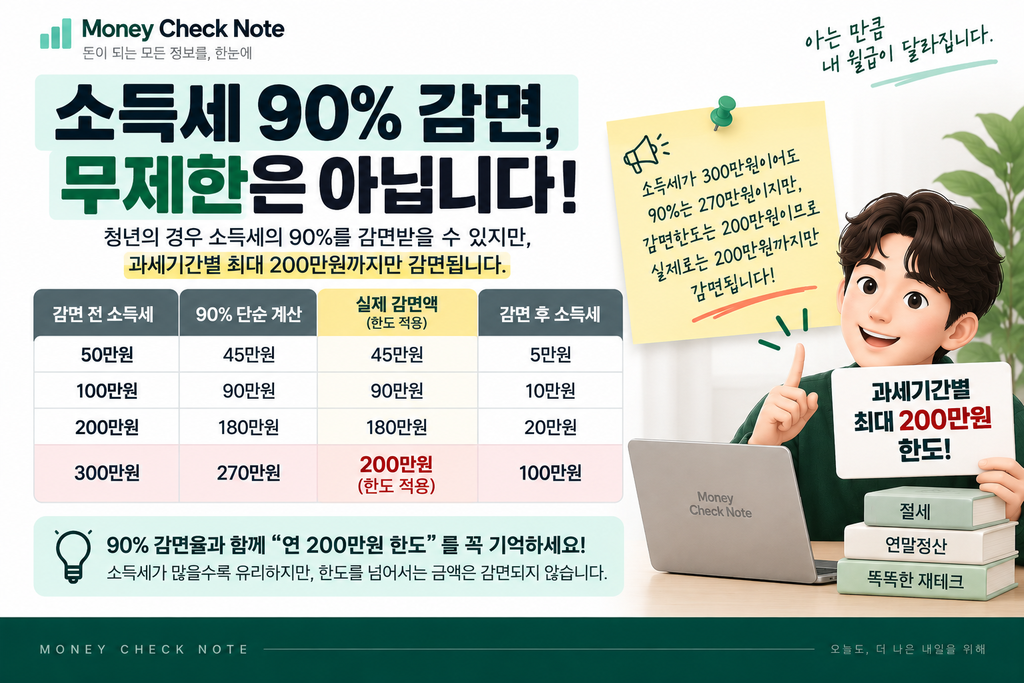 중소기업 청년 소득세 감면 90% 과세기간별 200만원 한도