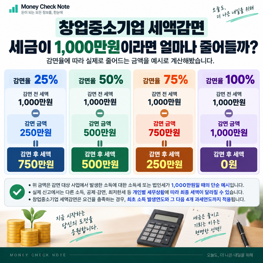 창업중소기업 세액감면 세금 1000만원 50% 75% 100% 계산