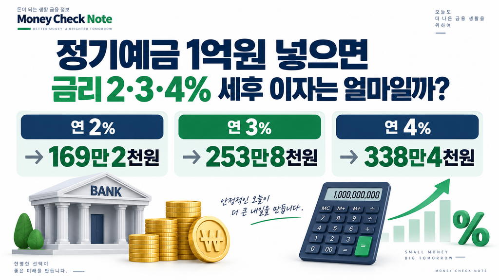 정기예금 1억원 금리 2% 3% 4% 세후 이자 계산