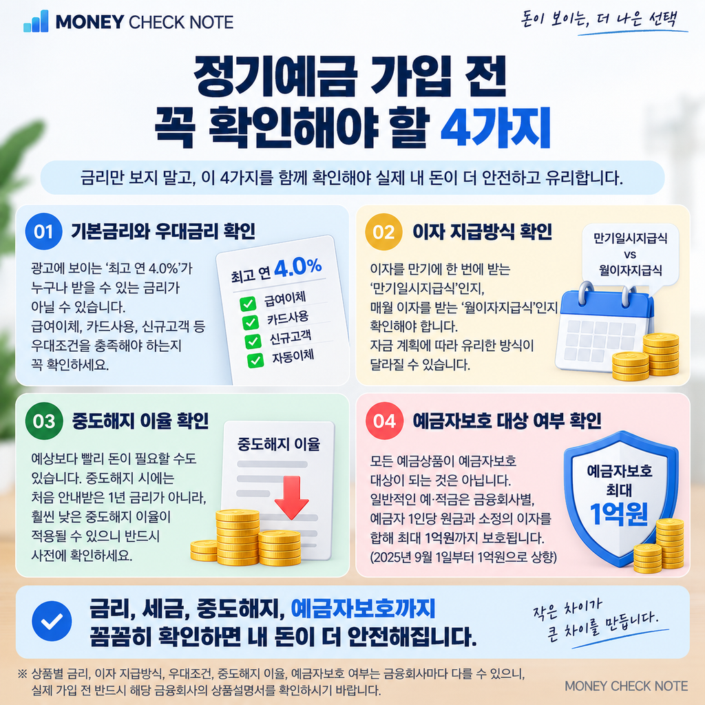 정기예금 가입 전 금리 우대조건 중도해지 예금자보호 확인사항