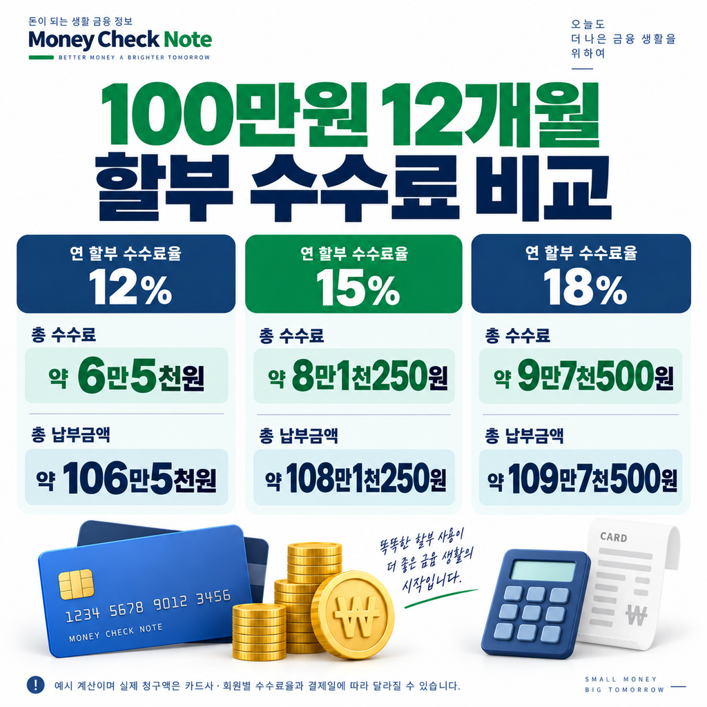 신용카드 할부수수료 100만원 12개월 수수료율별 비교