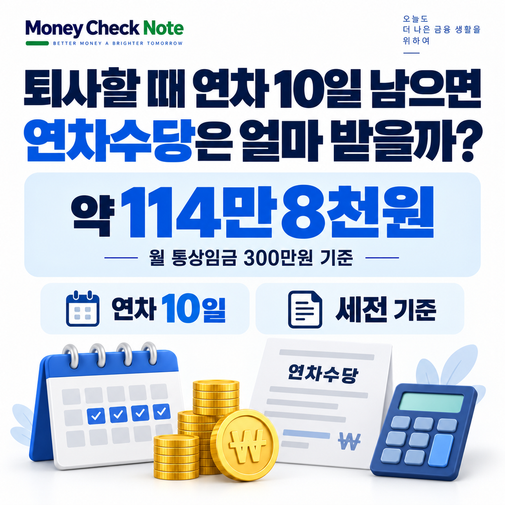 퇴사 연차 10일 월 통상임금 300만원 연차수당 계산