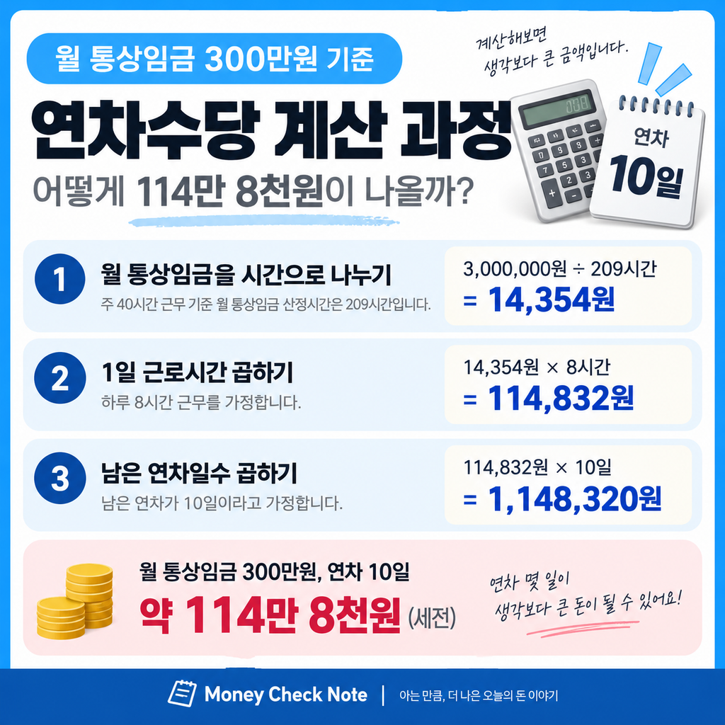 월 통상임금 300만원 퇴사 연차수당 계산 방법